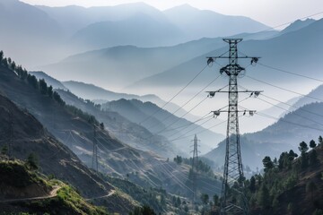 High voltage power lines crossing a mountainous landscape, carrying electricity across long distances