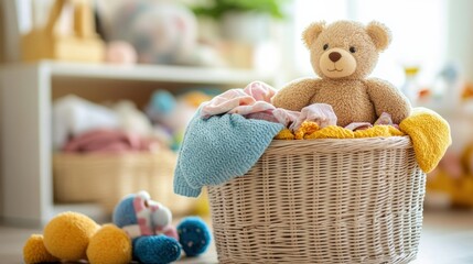 Aufkleber - A cozy room features a laundry basket packed with vibrant children's clothing and a soft teddy bear, radiating warmth and cheer. Generative AI