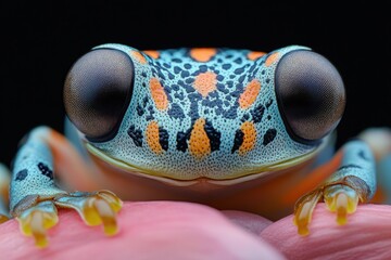 Poster - A close-up portrait of a vibrant blue, orange, and black tree frog with large, black eyes, sitting on a pink surface.