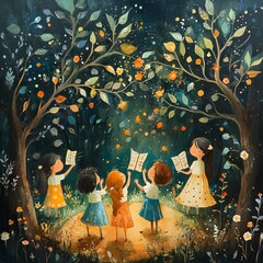 Sticker - Five girls standing in a circle under a starry sky, holding books and looking up at the magical scene.