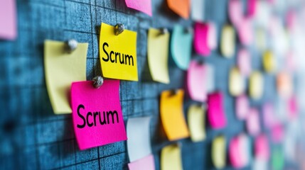 Poster - scrum agile business board with a sticky note with the word 