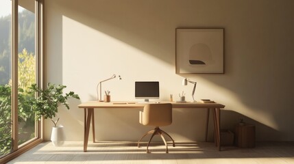 Poster - Simple, minimalist workspace with a desk facing the wall, small windows nearby, and neutral tones, designed for concentration.