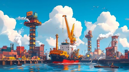 A busy industrial port with autonomous vehicles and efficient cargo management
