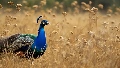 Vivid male peacock showcasing brilliant blue feathers in a sun-drenched summer grassland