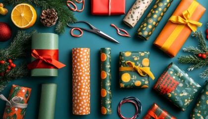 Sticker - Flat lay of Christmas gift wrapping with colorful paper, ribbons, scissors, and festive decorations on a teal background.