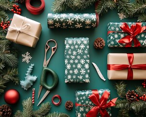 Poster - Flat lay of Christmas presents, wrapping paper, pine branches, ribbons, and scissors on a teal background.