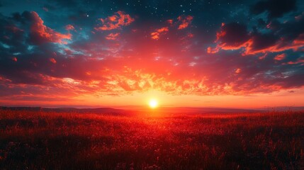 Wall Mural - A vibrant red sunset illuminates a field of wildflowers. The sun is just below the horizon, casting a warm glow on the landscape.