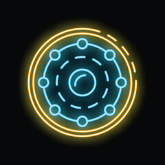 Poster - Bright neon sign depicting the structure of an atom, with a nucleus and orbiting electrons, set against a dark background