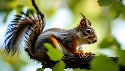 Wall Mural - Fluffy squirrel resting on branch amidst blurred greenery in a serene natural setting