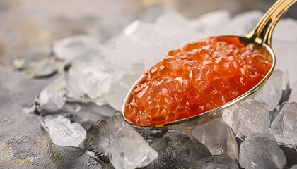 Red fish caviar in spoon on ice. Tasty food. Delicious meal. Cooking and culinary concept.