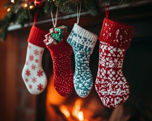 Sticker - Four Christmas stockings filled with gifts hanging above a fireplace.