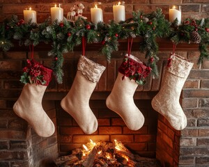 Poster - Four Christmas stockings hang above a roaring fireplace, adorned with greenery and candles, creating a festive holiday scene.