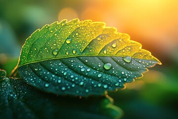 Sticker - Close-up of a green leaf with dew drops in the morning sunlight.