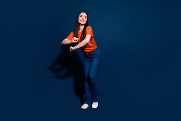 Poster - Photo of lovely gorgeous woman wear stylish clothes have fun look empty space isolated on dark blue color background