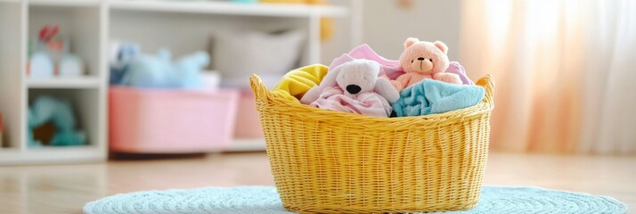 Aufkleber - A sunny room showcases a laundry basket overflowing with vibrant children's clothing and plush toys, creating a warm atmosphere. Generative AI