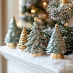 Canvas Print - Four teal and gold Christmas trees on a mantel with faux snow.