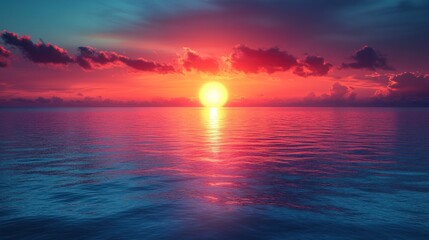 Sticker - Vibrant sunset over a calm ocean with a reflection of the sun in the water.