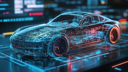 Poster - Holographic 3D display showcasing the digital layout and intricate electrical wiring system of a modern automobile