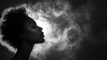 Wall Mural - A woman's face is silhouetted against a bright, cloudy sky.