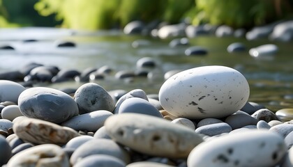 Elegant closeup of smooth round river pebbles in natural white and grey tones