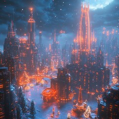 Canvas Print - Futuristic city skyline with glowing lights and snow covered ground at night.