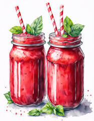 Two mason jars filled with a vibrant red smoothie topped with mint leaves and red and white striped straws