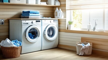 Aufkleber - This modern laundry room includes built-in washing and drying machines, sleek cabinets, and a basket of neatly folded laundry nearby. Generative AI