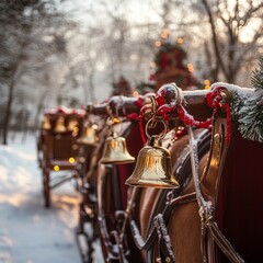 Poster - Golden bells on a horse-drawn carriage, covered in snow, with Christmas lights in the background.