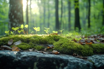 Poster - Small green plants growing in a forest with sunlight in the background.