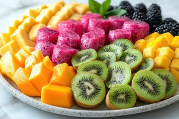 Wall Mural - A platter of fresh, colorful fruit, including mango, dragon fruit, kiwi, and blackberries.