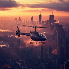 Canvas Print - Helicopter flying over a city skyline at sunset.