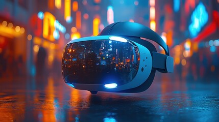 Sticker - A VR headset lies on a wet city street at night, reflecting the neon lights of the urban cityscape.