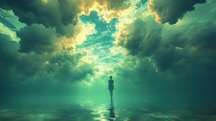 A lone figure walks towards a radiant opening in the clouds, symbolizing hope and a brighter future.