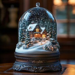 Poster - Illuminated snow globe with a miniature winter village scene inside, set on a wooden table.