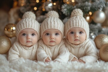 Wall Mural - Triplets. Three cute baby triplets in white knitted hats on Christmas tree background.