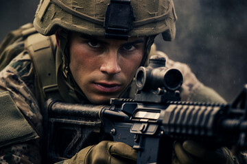 Leinwandbilder - Portrait of american male soldier looking at camera generative AI