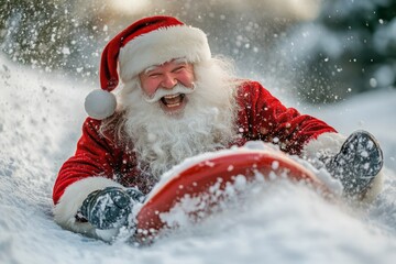 Sticker - Jolly Santa Claus sledding down a snowy hill with a big smile on his face.