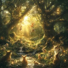 Poster - Magical forest scene with bunnies, a stream, and glowing lights.