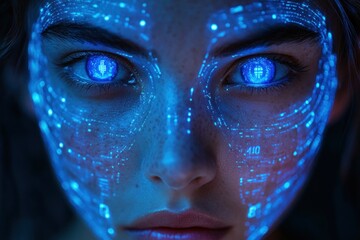 Wall Mural - Close-up of a woman's face with glowing blue lines and digital numbers over her eyes, suggesting a futuristic or cyborg aesthetic.