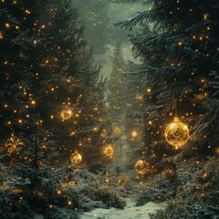 Sticker - Magical winter forest with twinkling lights and ornaments on snow-covered branches.