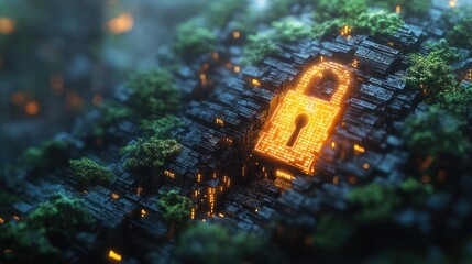 Poster - A glowing padlock embedded in a textured, green, and rocky surface, representing security and digital protection.