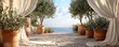 © hameed - A tranquil Mediterranean terrace with soft white drapes, a pebbled floor, olive trees in terracotta pots, and a distant view of the sea