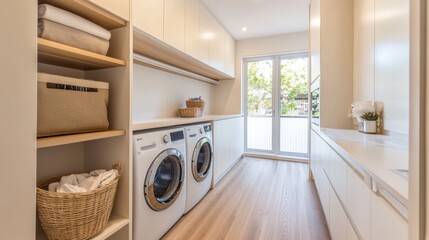 Sticker - This modern laundry room showcases built-in washing and drying machines, complemented by sleek cabinetry and a basket of laundry nearby. Generative AI