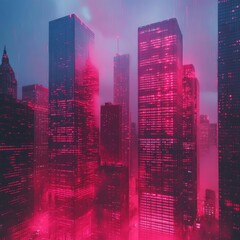 Sticker - Neon-lit skyscrapers glow in a futuristic cityscape, with a hazy, atmospheric effect.