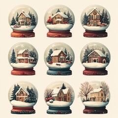 Sticker - Nine vintage-style snow globes with winter scenes of houses, trees, and snow.