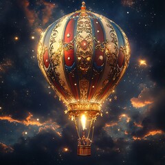 Canvas Print - Ornate hot air balloon with a basket, two people, and a glowing flame against a dark, starry night sky with white and yellow clouds.