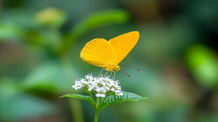 Breathtaking close up view of a delicate golden butterfly gently resting on a vibrant colorful flower bloom  The butterfly s intricate wings and natural beauty create a serene