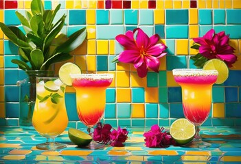 vibrant margaritas fresh ingredients colorful backgrounds showcasing bright colors refreshing compositions, cocktail, drink, beverage, lime, ice, fruit