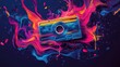 © Johannes - Creative colorful retro concept of melting cassette tape, symbols of celebration and music party. Contemporary art and old fashioned style. Illustration. Generative AI.
