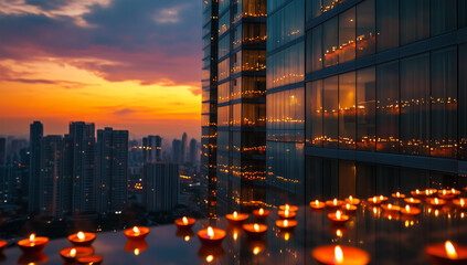 A professional shot of a modern urban skyline during dusk, with traditional clay oil lamps (diyas) beautifully placed on the balconies of stylish glass buildings, embodying the joyous spirit of Diwali